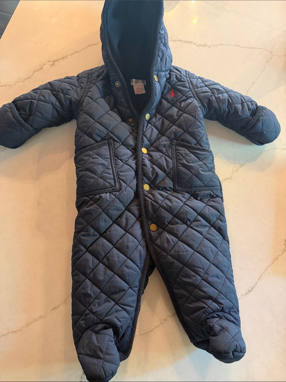 Ralph Lauren Navy Quilted Hooded Baby Footed One-Piece, Winter suit